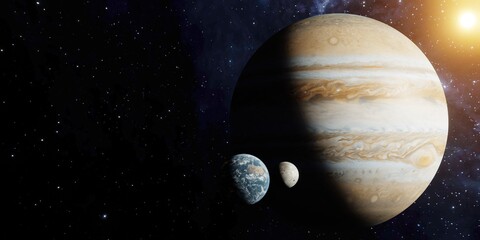 3D Render of Earth and the moon next to jupiter to compare scale idea. Stars. Elements of this image furnished by NASA. © gareth