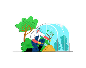 Vector flat illustration of gardener who plants plant sprout. A bush, tree and greenhouse are shown in background. It can be used in web design, social networks, banners, etc.