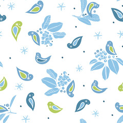 Vector cute winter berry bird pattern. Hand drawn folk art style design with bird, plant and snow flake in blue tones. All over print. Perfect for christmas season and winter holiday.
