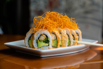 Asian food. Sushi rolls. Chinese sticks.