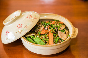 Sautéed vegatles and animal protein. Asian food.