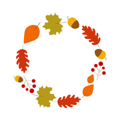 Autumn frame with leaves, berries and acorns, abstract background, vector illustration.