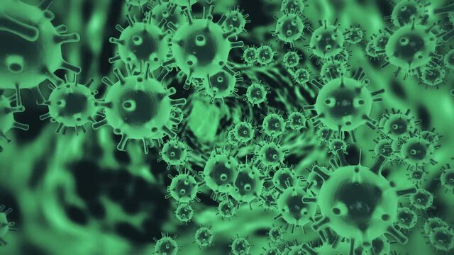 Swine influenza virus H1N1 cells concept. Animated neon green color cells of virus H1N1 are floating in black space background. Viral disease outbreak. 3d rendering in 4K video.