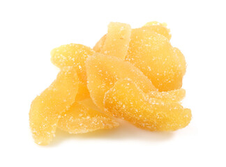Dried ginger with sugar on a white background