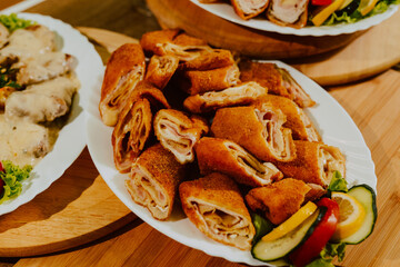 Served meat on the table for guests at the party. Delicious food for a special event
