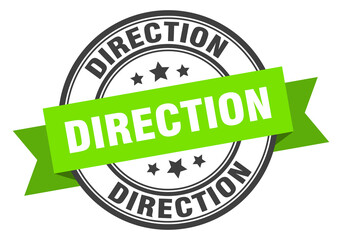 direction label sign. round stamp. band. ribbon