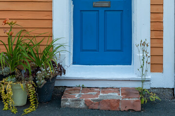 A royal blue colored closed door with a brass letter slot. The door is in an orange wooden building with white trim. There's a red brick step with flowers on both sides of the door. 