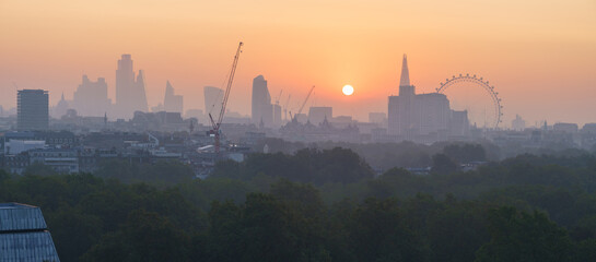 Misty London City Panorama sunrise aerial view 