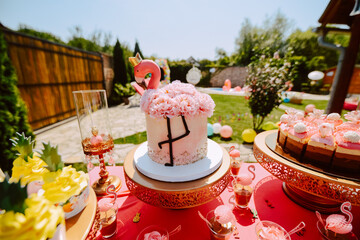 Cute pink table for a summer party in the yard. Pink cakes and treats on the table