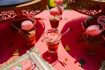 Cute pink table for a summer party in the yard. Pink cakes and treats on the table