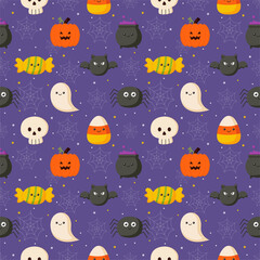 happy halloween seamless pattern on purple background. vector illustration.