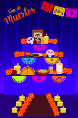 Day of the dead celebration: Offering to the dead, text in Spanish: Day of the dead
