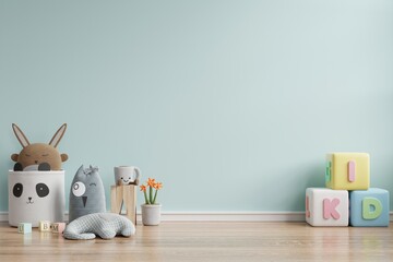 Mock up wall in the children's room in blue color wall background.