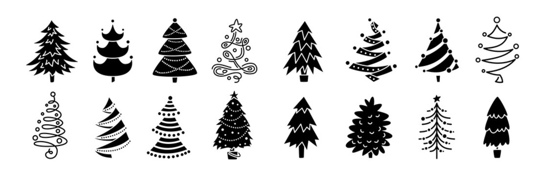Collection Christmas tree black glyph. Hand drawing monochrome xmas trees cartoon set. New Year traditional design ornaments, stars or garlands. Stylized symbol for holiday flat vector illustration