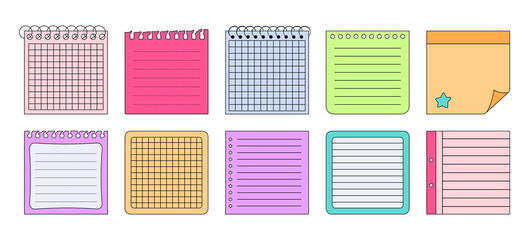 Paper stickers notes with elements planning set. Notebook outline collection notes and memo messages. Blank notepaper. Various tag business office. Isolated vector illustration