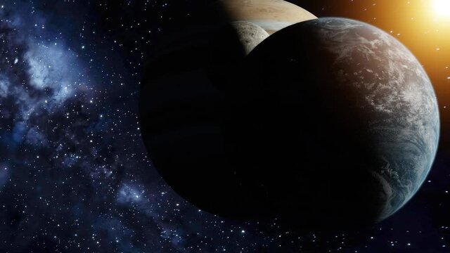 3D Render of Earth and the moon next to jupiter to compare scale idea. Stars. Elements of this image furnished by NASA.