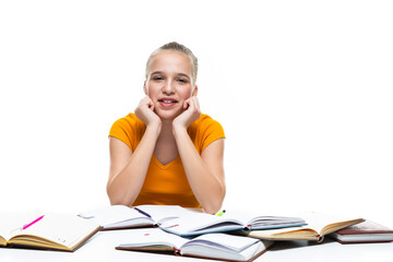 Caucasian Teenager Girl Posing with Notebooks Indoors. Isolated On White.
