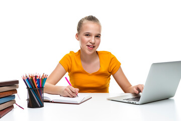 Caucasian Teenager Girl Posing with Laptop and Notebook On White.