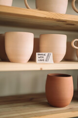 Handmade clay pottery on the display