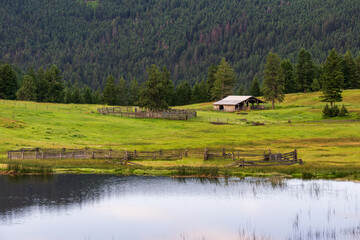 Fototapeta na wymiar Large pond in swampy meadow among rolling hills country side british columbia Canada