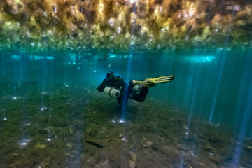 Scuba Diver under Water Lettuce covered pond with penetrating sun rays in Florida