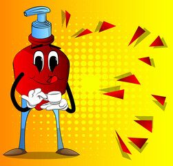 Cartoon bottle of hand sanitizer gel for hygiene with face holding a cup of coffee.