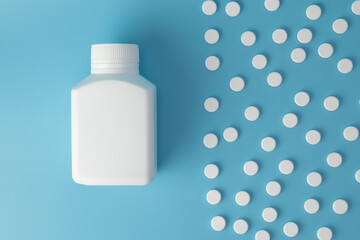 medicine pills on blue background Copy space for text Assorted pharmaceutical Healthy Eating, Lifestyle.