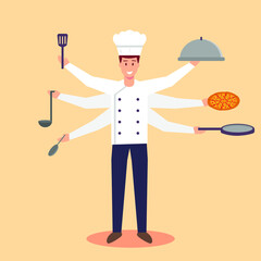 Chef profession vector concept: Male multitasking chef cooking with many hands