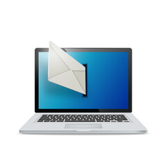 Realistic laptop on white background. Emails fly out of laptop screen. The concept of e-mailing.