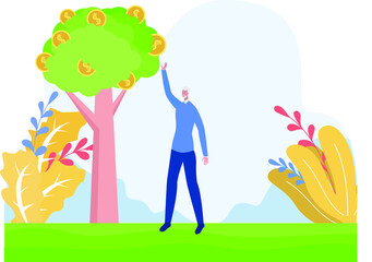 Investment vector concept: Elderly man picking money from a tree