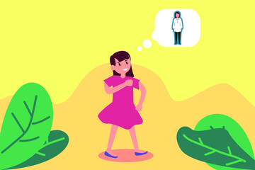 Dream future vector concept: Little schoolgirl imagining her future dream being doctor while walking outdoor 