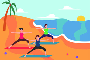 Obraz na płótnie Canvas Healthy vector concept: Three young women doing yoga exercise together while standing on the mat in the beach