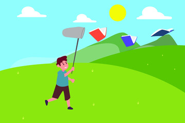 Chasing dream vector concept: Cute schoolboy chasing flying books in the meadow while holding butterfly net 