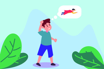 Dream future vector concept: Cute schoolboy thinking his dream future being superhero while standing outdoor 