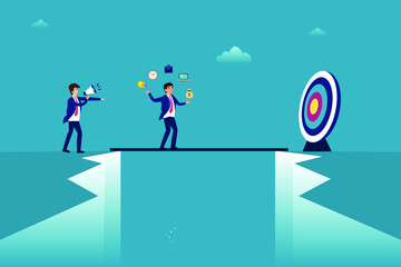 Business vector concept: Businessman crossing a bridge while juggling and commanded by his boss toward bullseye