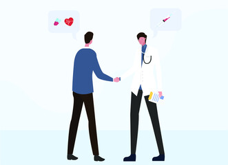 Health day vector concept: Young patient and male doctor handshaking after doing consultation in the clinic 