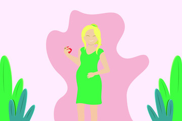 Pregnancy vector concept: Young woman eating fresh apple for her pregnancy while touching her tummy 