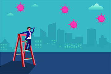 Business vision new normal vector concept: Businessman wearing face mask and standing on ladder while looking at coronavirus with a telescope