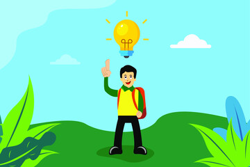 Creative student concept: Male student with light bulb having idea outdoors