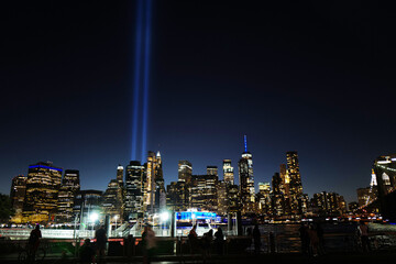 Sept 11, 2020 9/11 Memorial lights looking from Brooklyn after lockdown from Covid-19, New York City, USA.