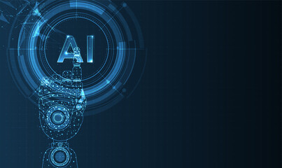 Artificial intelligence and robot hand in humanoid head with neural network thinks. Digital is learning processing big data. Technology and engineering concept. vector design.