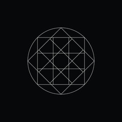 Circular Geometric Mandala. White Stroke Lines On Black Background.