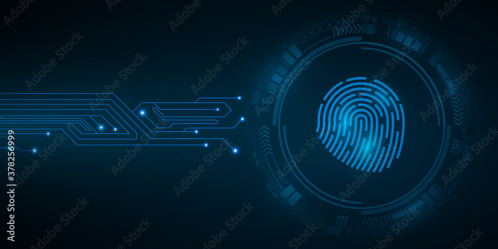 Poster high-tech fingerprint for computer system security with hud interface elements. scan for padlock. co