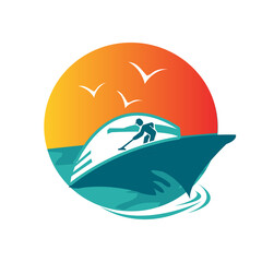 ship boat yacht sailing logo design in summer style vector illustrations