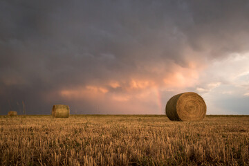 Round bales in wide open farm field during stormy weather