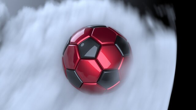 Black-Red Soccer ball with dark foggy smoke background. 3D sketch design and illustration. 3D high quality rendering.