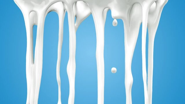 Slow motion Close up milk Liquid dripping drop on blue background. 3D animation with alpha matte. 4K