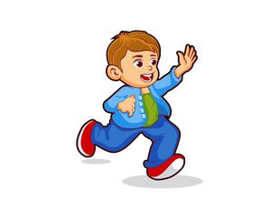 Young Male Kid Running and Waiving His Hand for Children Book Illustration