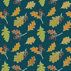 Oak branches with acorn, fullcolor seamless pattern