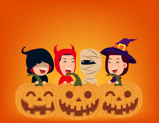 Group of cute in halloween costume with pumpkin. Happy halloween day